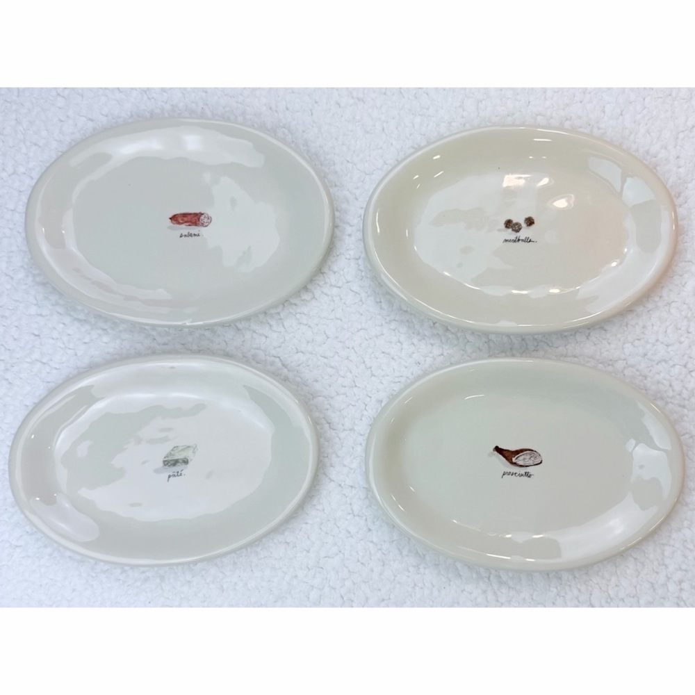 RAE DUNN • (Set of 4) Cream Meat-Themed Oval Ceramic Appetizer Plate Set - Picture 16 of 16